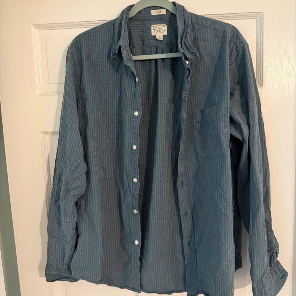 J. Crew Men's Blue Checkered Organic Cotton Button Down Shirt